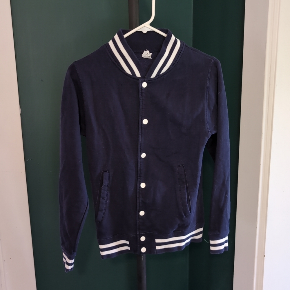 All We Do Is AWDis Unisex Varsity Jacket Navy w/ White Snap Front, XS